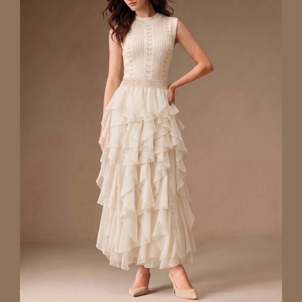 Cream Cable Knit Bodice Tiered Tulle Ruffle Chiffon Maxi Dress
